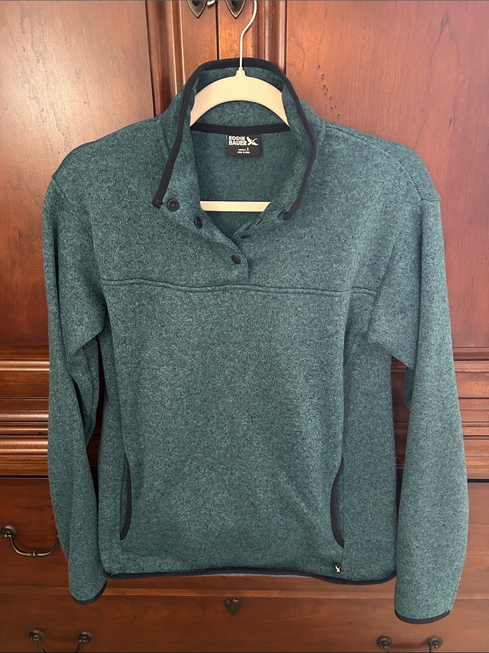 Eddie Bauer Teal Snap-Front Fleece Pullover with Navy trim